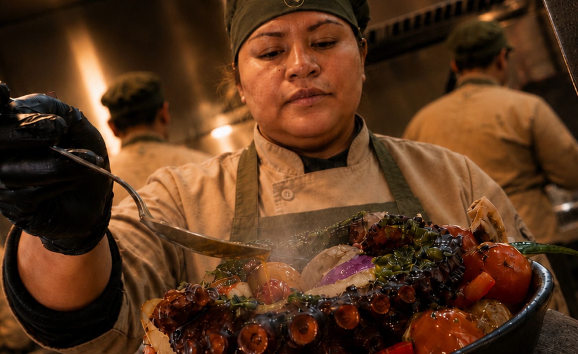 Cocinera de Barra Olivo sirviendo pulpo recién salido de la cocina